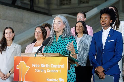 MIKE DEAL / FREE PRESS
Nahanni Fontaine, Minister of Families, speaks, Thursday morning, during the announcement at the base of the grand staircase in the Manitoba Legislative Building, by Health, Seniors and Long-Term Care Minister Uzoma Asagwara that the provincial government will be implementing no-cost coverage of prescription birth control, beginning Tuesday, Oct. 1, 2024.
See Carol Sanders story
240822 - Thursday, August 22, 2024.