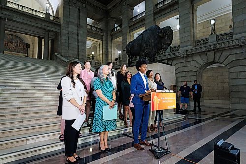 MIKE DEAL / FREE PRESS
Health, Seniors and Long-Term Care Minister Uzoma Asagwara backed by many of the female caucus members at the base of the grand staircase in the Manitoba Legislative Building, announced today that the provincial government will be implementing no-cost coverage of prescription birth control, beginning Tuesday, Oct. 1, 2024.
See Carol Sanders story
240822 - Thursday, August 22, 2024.