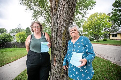 MIKAELA MACKENZIE / WINNIPEG FREE PRESS
	
Paige Johal (left) and Joyce Maryk, who were forced to remove tree decorations and a garden box on the boulevard after recieving notices from the city, in their Transcona neighbourhood on Thursday, Aug. 22, 2024.

For Nicole story.
Winnipeg Free Press 2024