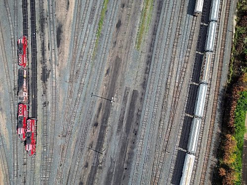 22082024
Trains sit on tracks at the CN Brandon Yard on Thursday as union employees of both CN and CP Railways picket on Thursday. (Tim Smith/The Brandon Sun)