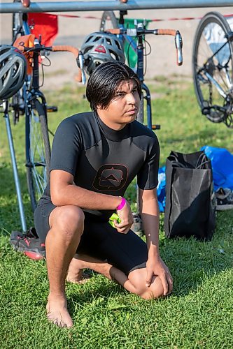 BROOK JONES / FREE PRESS
Brad Courchene, 17, who is from Sagkeeng First Nation, focuses moments before the start of the Free Spirit Sprint Triathlon in Pinawa, Man., Sunday, Aug. 11, 2024.