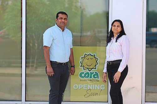 Left: Cora Breakfast and Lunch franchisees Mukesh Patel and his wife, Gayatri, pose for a picture in front of the Brandon location of the restaurant at Unit D 1350 18th Str. (Abiola Odutola/The Brandon Sun)