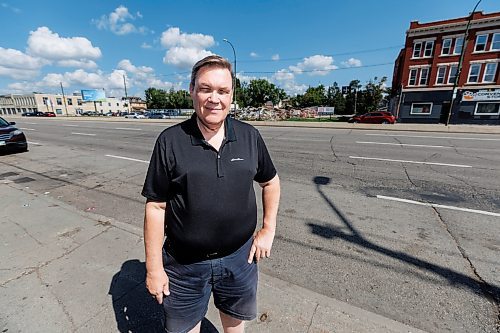 MIKE DEAL / FREE PRESS
Keith Horn, chairman of the North End BIZ and owner of the Northern Hotel, stands across Main Street from piles of rubble that have been there for months. 
Access Credit Union is leaving its Main Street site which was formally the Carpathia Credit Union at 950 Main Street. It&#x2019;s the latest in a steady decline of businesses in the district, according to Horn.
See Gabby Piche story
240823 - Friday, August 23, 2024.