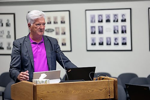 Brandon's director of parks and recreation services, Perry Roque, discusses a proposal by city staff to purchase a vandal-proof washroom to be installed on Pacific Avenue at Monday's Brandon City Council meeting. (Colin Slark/The Brandon Sun)