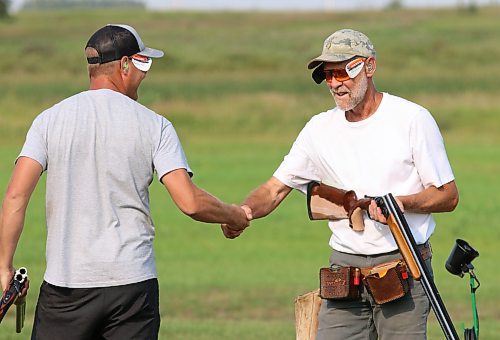 Rob Lamont, right, congratulates his son Pat after he shot a perfect 100 in doubles on Friday afternoon at the Brandon Gun Club during the Manitoba Trapshooting Association’s provincial championships. (Perry Bergson/The Brandon Sun)
Aug. 24, 2024