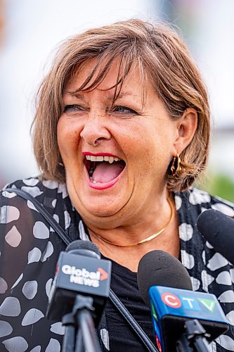 NIC ADAM / FREE PRESS
Janice Lukes, Chairperson of the Standing Policy Committee on Public Works, speaks at the launch of the city&#x2019;s new sidewalk surface testing program on the sidewalk in front of 2855 Pembina Hwy. Friday.
240823 - Friday, August 23, 2024.

Reporter: Joyanne