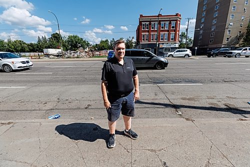 MIKE DEAL / FREE PRESS
Keith Horn, chairman of the North End BIZ and owner of the Northern Hotel, stands across Main Street from piles of rubble that have been there for months. 
Access Credit Union is leaving its Main Street site which was formally the Carpathia Credit Union at 950 Main Street. It&#x2019;s the latest in a steady decline of businesses in the district, according to Horn.
See Gabby Piche story
240823 - Friday, August 23, 2024.