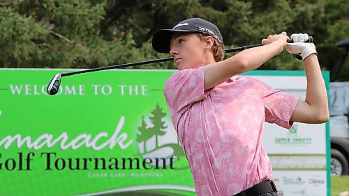 Cameron McDonald tees off in his junior men's consolation final against Jaxon Jacobson in the Tamarack on Saturday at the Clear Lake Golf Course. (Perry Bergson/The Brandon Sun)
Aug. 24, 2024