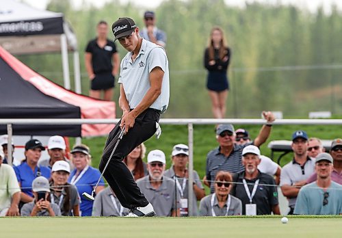 JOHN WOODS / FREE PRESS
John Keefer encourages his putt closer to the 18th hole in the final round of the Manitoba Open at Southwood Golf Club Sunday, August 25, 2024. Keefer went on to win the tournament.

Reporter: mike