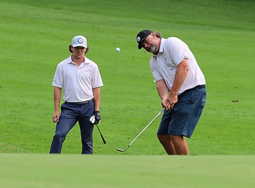 Riese Gaber watches as Scott McCallum chips on the ninth hole during the final of the men's scramble at the Tamarack on Saturday at the Clear Lake Golf Course. (Perry Bergson/The Brandon Sun)
Aug. 24, 2024