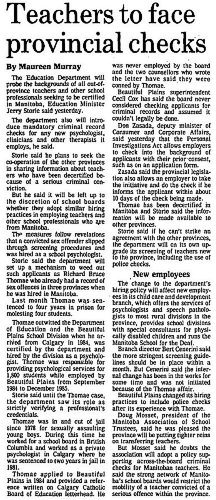 An article in the Free Press in August 1986 documents the provincial education department's move to check the backgrounds of out-of-province teachers following revelations that convicted sex offender Richard Thomae had been hired as a school psychologist. Thomae was sentenced to four years in prison for sexual abuse of four students. (Free Press archives)