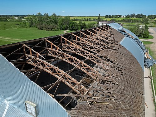 A large portion of the Foxwarren Arena was exposed after Sunday's storm ripped off sections of the roof. (Tim Smith/The Brandon Sun)