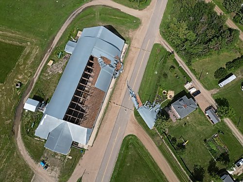 Am aerial view of the damaged arena and scattered debris from Sunday's storm. (Tim Smith/The Brandon Sun)