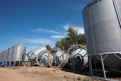 Four grain bins belonging to Monarch Hutterite Colony near Foxwarren were toppled in the powerful storm that tore through the region early Sunday morning. (Tim Smith/The Brandon Sun)