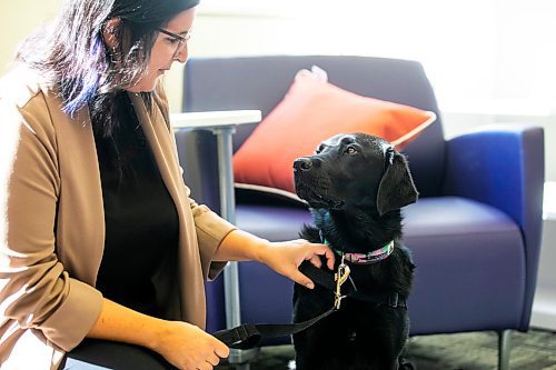 MIKAELA MACKENZIE / WINNIPEG FREE PRESS
	
Victim services worker Carla Deeley with victim services support dog Gloucester (aka Glossy) on Monday, Aug. 26, 2024. 

For Nicole story.
Winnipeg Free Press 2024