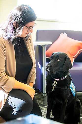 MIKAELA MACKENZIE / WINNIPEG FREE PRESS
	
Victim services worker Carla Deeley with victim services support dog Gloucester (aka Glossy) on Monday, Aug. 26, 2024. 

For Nicole story.
Winnipeg Free Press 2024