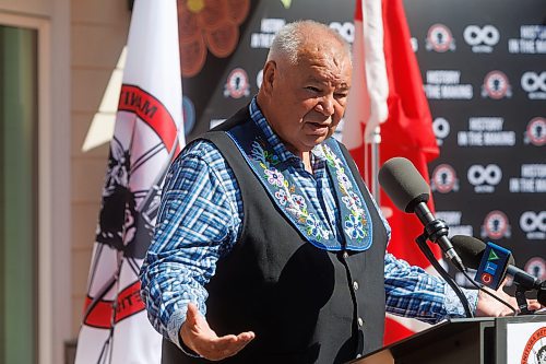 MIKE DEAL / FREE PRESS
Manitoba M&#xe9;tis Federation President David Chartrand speaks during the grand opening of the Louis Riel Child Care Centre at 561 Rue St. Jean Baptiste.
The MMF opened its eighth child care facility in Winnipeg since 2019. 
The facility adds 40 spaces for infant and preschool children to the Winnipeg area, while providing quality, culturally focused programming for young Red River M&#xe9;tis Citizens, creating employment and allowing parents to get back to their workplaces.
See Malak Abas story
240826 - Monday, August 26, 2024.