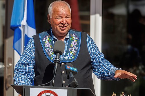 MIKE DEAL / FREE PRESS
Manitoba M&#xe9;tis Federation President David Chartrand speaks during the grand opening of the Louis Riel Child Care Centre at 561 Rue St. Jean Baptiste.
The MMF opened its eighth child care facility in Winnipeg since 2019. 
The facility adds 40 spaces for infant and preschool children to the Winnipeg area, while providing quality, culturally focused programming for young Red River M&#xe9;tis Citizens, creating employment and allowing parents to get back to their workplaces.
See Malak Abas story
240826 - Monday, August 26, 2024.