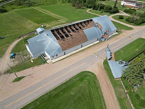 26082024
The Foxwarren District Rec. Centre was heavily damaged in a storm early Sunday morning. The storm ripped a large portion of the roof off of the recreation centre. 
(Tim Smith/The Brandon Sun)