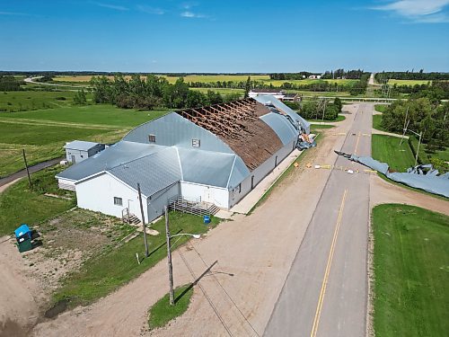 26082024
The Foxwarren District Rec. Centre was heavily damaged in a storm early Sunday morning. The storm ripped a large portion of the roof off of the recreation centre. 
(Tim Smith/The Brandon Sun)