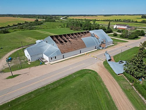 26082024
The Foxwarren District Rec. Centre was heavily damaged in a storm early Sunday morning. The storm ripped a large portion of the roof off of the recreation centre. 
(Tim Smith/The Brandon Sun)