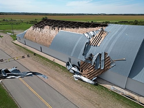 26082024
The Foxwarren District Rec. Centre was heavily damaged in a storm early Sunday morning. The storm ripped a large portion of the roof off of the recreation centre. 
(Tim Smith/The Brandon Sun)