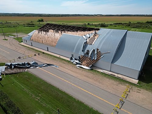 26082024
The Foxwarren District Rec. Centre was heavily damaged in a storm early Sunday morning. The storm ripped a large portion of the roof off of the recreation centre. 
(Tim Smith/The Brandon Sun)