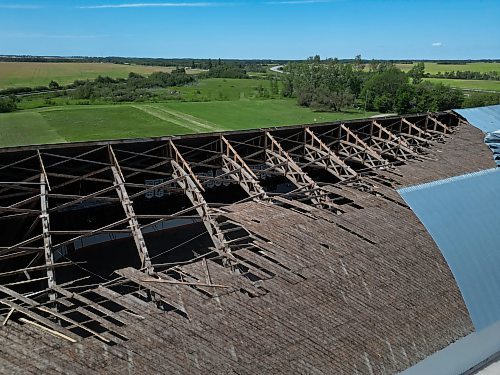 26082024
The Foxwarren District Rec. Centre was heavily damaged in a storm early Sunday morning. The storm ripped a large portion of the roof off of the recreation centre. 
(Tim Smith/The Brandon Sun)