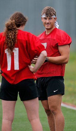 JOHN WOODS / FREE PRESS
University of Manitoba Bison kickers Ben George and Maya Turner chat at practice Monday, August 26, 2024. 

Reporter: josh