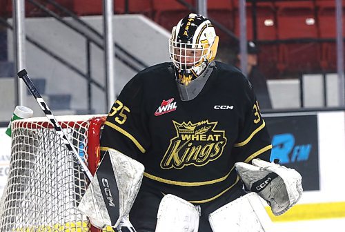 Dylan McFadyen makes a save in warmup after serving as Brandon Wheat Kings emergency backup goaltender last season. He is the organization's third signed goaltender. (Perry Bergson/The Brandon Sun).  