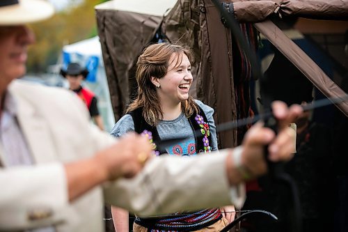 MIKAELA MACKENZIE / WINNIPEG FREE PRESS
	
Kurt Gougeon (18) tries out archery at the 6th annual Manitoba Mtis Federation elders and youth gathering at Selkirk Park on Tuesday, Aug. 27, 2024. The gathering brings together elders and youth from across the regions so that the youth can learn traditional skills, hear oral teachings and learn the principles of culturally-focused interactions with knowledge keepers.

Standup.
Winnipeg Free Press 2024