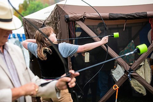 MIKAELA MACKENZIE / WINNIPEG FREE PRESS
	
Kurt Gougeon (18) tries out archery at the 6th annual Manitoba Mtis Federation elders and youth gathering at Selkirk Park on Tuesday, Aug. 27, 2024. The gathering brings together elders and youth from across the regions so that the youth can learn traditional skills, hear oral teachings and learn the principles of culturally-focused interactions with knowledge keepers.

Standup.
Winnipeg Free Press 2024