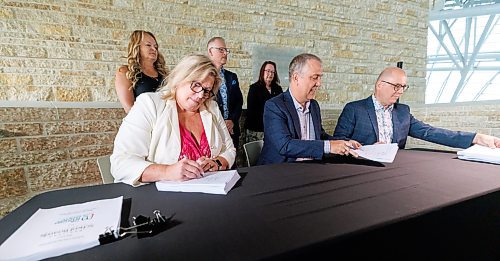 MIKE DEAL / FREE PRESS
(From left) Arlyn Filewich, lead negotiator, MTS, Nathan Martindale, president of the MTS, and Joel Swaan, provincial bargaining chair, MTS, sign the first ever provincial bargaining agreement between teachers and school boards in Manitoba at an event held at the CMHR Tuesday morning.
See Maggie Macintosh story
240827 - Tuesday, August 27, 2024.