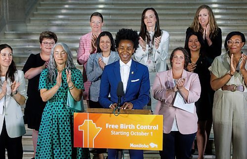 MIKE DEAL / FREE PRESS
Health, Seniors and Long-Term Care Minister Uzoma Asagwara backed by many of the female caucus members at the base of the grand staircase in the Manitoba Legislative Building, announced today that the provincial government will be implementing no-cost coverage of prescription birth control, beginning Tuesday, Oct. 1, 2024.
See Carol Sanders story
240822 - Thursday, August 22, 2024.