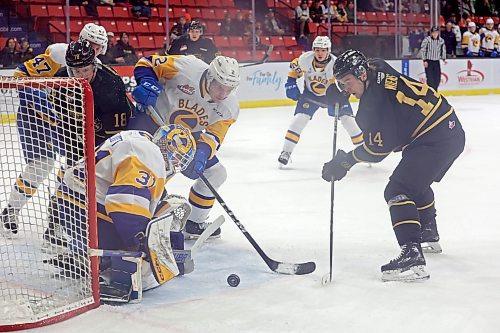 29122023
Jayden Wiens #14 of the Brandon Wheat Kings tries to get the puck past netminder Austin Elliott #31 of the Saskatoon Blades during WHL action at Westoba Place on Friday evening. (Tim Smith/The Brandon Sun)