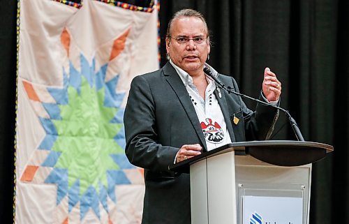 JOHN WOODS / FREE PRESS
Grand Chief Garrison Settee, representing Manitoba Keewatinowi, speaks at a rematriation and repatriation apology event at the University of Manitoba (U of MB) in Winnipeg Monday, June 3, 2024. President Michael Benarroch apologized for U of MB&#x2019;s history related to the inappropriate acquisition and housing of First Nations, Inuit and M&#xe9;tis ancestral remains, burial belongings, and cultural heritage without consent.

Reporter: nicole