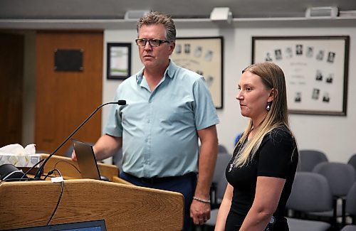 Brandon's general manager of development services Mark Allard (left) and director of strategic infrastructure Jennifer Coey (right) answer questions about proposed changes to Brandon's development cost charges at a special city council meeting on Wednesday. (Colin Slark/The Brandon Sun)