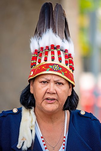 NIC ADAM / FREE PRESS
AMC Grand Chief Cathy Merrick speaks to press outside the Winnipeg Courthouse Wednesday afternoon during the sentencing of convicted serial killer Jeremy Skibicki.
240828 - Wednesday, August 28, 2024.

Reporter: Dean Pritchard