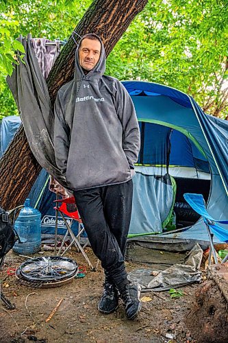 NIC ADAM / FREE PRESS
Daniel Mateychuk, 45, is a resident of the encampment behind the Granite Curling Club on the Assiniboine River.
240829 - Thursday, August 29, 2024.

Reporter: Jura
