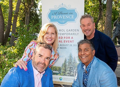 BROOK JONES / FREE PRESS
Erica Henderson (back row: left) and her husband Blair Henderson (front row: left) are pictured with Mark Dookeran (back row: right) and Ravi Dookeran (front row: right) while they attend A Picnic in Provence - Garden Party 2024 at the Leo Mol Sculpture Garden at Assiniboine Park in Winnipeg, Man., Wednesday, Aug. 28, 2024. The annual fundraiser supports the Assiniboine Park Conservancy and this year's event included 500 guests.