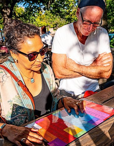 NIC ADAM / FREE PRESS
Carol Scott (left) and Christian Slomka learn some Cree and Ojibwe at the free &quot;language tables&quot; offered Wednesday through Friday evenings at the Forks.
240828 - Wednesday, August 28, 2024.

Reporter: Jen Zoratti