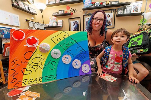 MIKE DEAL / FREE PRESS
Ben Silver, 4, with his mom, Tennis and his countdown to kindergarten calendar.
Tannis Silver, a teacher and mother, is getting ready to send her youngest, Ben, to kindergarten next week. She says Ben has been more hesitant about starting school than his older siblings. In order to get him excited, she's created a colourful countdown to kindergarten. 
The four-year-old is opening the equivalent of an advent calendar; every day, there's a new school-related item to open and put in his backpack. 
Reporter: Maggie Macintosh
240829 - Thursday, August 29, 2024.