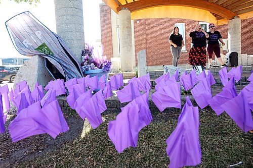 Antoinette Gravel-Ouellette, Moms Stop the Harm program coordinator and chair of Brandon Gone Too Soon, speaks during Friday's event at Princess Park. (Tim Smith/The Brandon Sun)