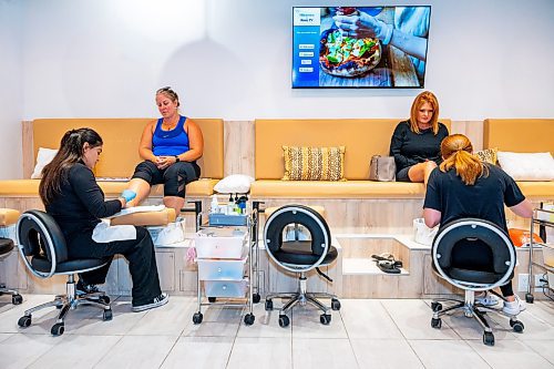 NIC ADAM / FREE PRESS
Customers get pedicures at Almond Nail Bar&#x2019;s flagship store in St. Vital. From left: Harjeet Cheema, Lisa Gulle, Tifany Hapkin, and Mariia Mykhailova.
240830 - Friday, August 30, 2024.

Reporter: Gabby