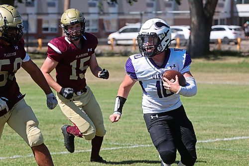 30082024
Quarterback #10 of the Vincent Massey Vikings runs the ball during a high school football scrimmage against the Crocus Plainsmen at Vincent Massey High School on Friday in advance of the regular season. 
(Tim Smith/The Brandon Sun)