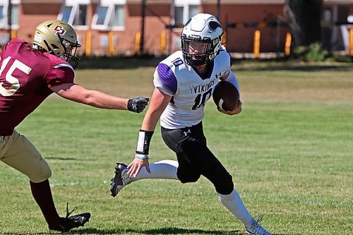 30082024
Quarterback #10 of the Vincent Massey Vikings dodges #15 of the Crocus Plainsmen during a high school football scrimmage at Vincent Massey High School on Friday in advance of the regular season. 
(Tim Smith/The Brandon Sun)