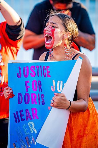 NIC ADAM / FREE PRESS
Britany Porter, a daughter of Doris Porter yells &#x201c;Justice for my mom&#x201d; and &#x201c;We want answers&#x201d; at the Harry Lazarenko Bridge Friday evening after her mother was struck and killed on the on August 10th. 
240830 - Friday, August 30, 2024.

Reporter: Jura