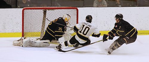 Team Gold forward Caleb Hadland (10) is tripped by Team Black defenceman Charlie Elick (7) in front of goalie Dylan McFadyen (35) during the annual Black and Gold intrasquad game involving Brandon Wheat Kings veterans and prospects at J&amp;G Homes Arena on Monday afternoon. (Perry Bergson/The Brandon Sun)
Sept. 3, 2024