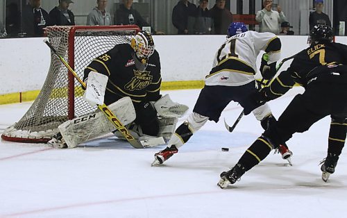 Team Black goalie Dylan McFadyen (35) keeps an eye on Team Black forward Jake MacDonald (21) as Charlie Elick (7) defends during the annual Black and Gold intrasquad game involving Brandon Wheat Kings veterans and prospects at J&amp;G Homes Arena on Monday afternoon. (Perry Bergson/The Brandon Sun)
Sept. 3, 2024