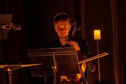 BROOK JONES / FREE PRESS
Samuel Nadurak performs on the cello during A Tribute To Coldplay as part of the Fever Candlelight Series at the Winnipeg Art Gallery in Winnipeg, Man., Friday, Aug. 30, 2024. Musicians also performing from the Listeso Music Group while surrounded by candles on stage are Elation Pauls on violin, Chris Anstey on fiddle and Elise Lavall&#xe9;e on viloa.